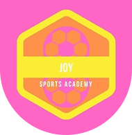 A pink and yellow badge with the words joy sports academy in it.